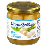 Aunt Nellie's frasco frontal mostrando cebollitas enteras y presentación apetecible