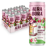 Aura Bora lata frontal Raspberry Vanilla mostrando diseño y beneficios refrescantes