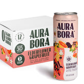Aura Bora lata frente mostrando pomelo y flor de saúco, refresco botánico listo para beber
