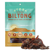 Ayoba frente del paquete de biltong grassfed mostrando diseño y conveniencia