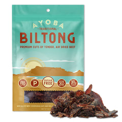Ayoba frente del paquete de biltong grassfed mostrando diseño y conveniencia