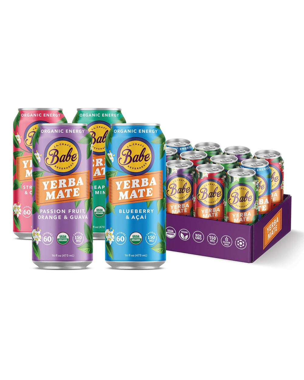 Babe Beverages pack frontal mostrando latas y variedad, energía natural portátil