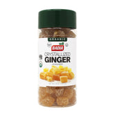 Badia frasco frontal mostrando jengibre cristalizado, práctico para cocinar