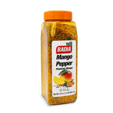Badia frasco frontal muestra la mezcla mango y pimienta para cocinar
