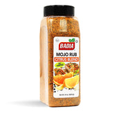 Badia Mojo Rub frasco frontal mostrando sabor cítrico y uso fácil