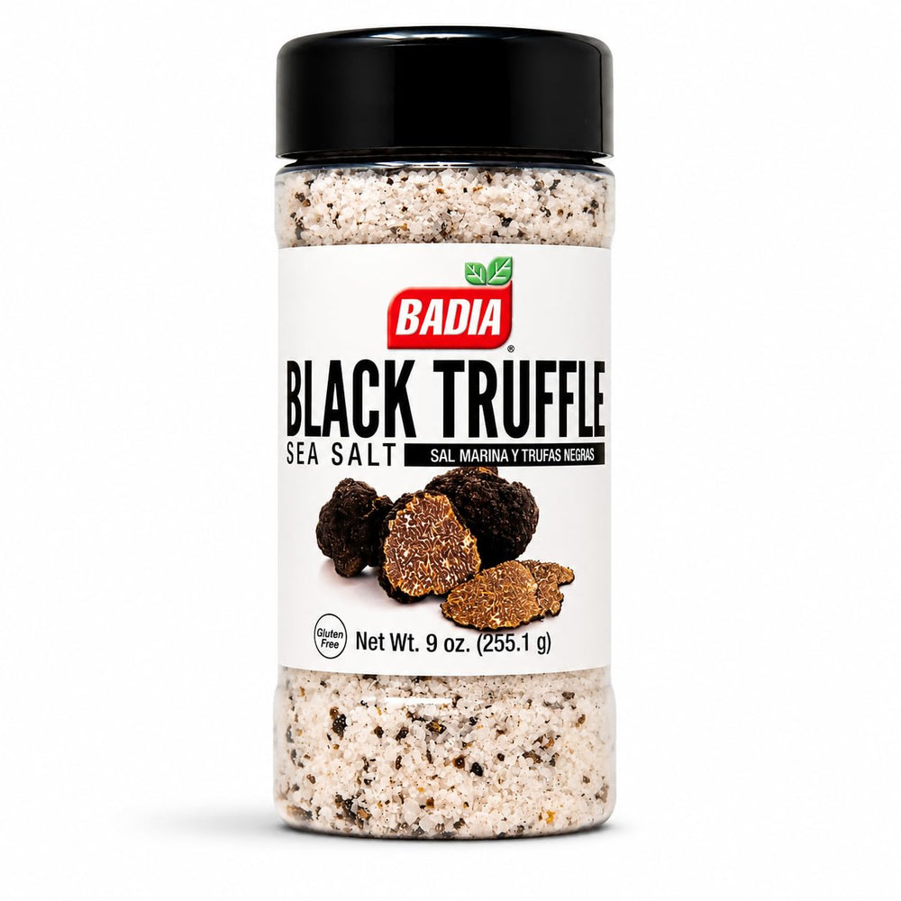 Badia sal trufa negra frasco frontal mostrando etiqueta y presentación gourmet