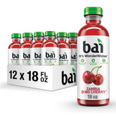 Bai botella frontal mostrando etiqueta y sabor Zambia Bing Cherry, refresco saludable