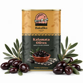 Bakaliko frente del envase mostrando aceitunas Kalamata y su color intenso