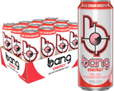 Bang lata frente mostrando diseño y sabor fresa, energía instantánea