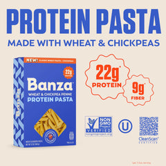 Banza penne textura de la pasta en primer plano, buena adherencia de salsa