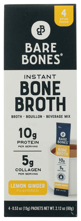 Bare Bones empaque frontal del pack de 4 sobres mostrando marca y sabor limón jengibre