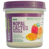 BareOrganics bote frontal de polvo de nopal, presentación práctica y ecológica