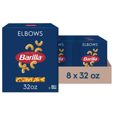 Barilla Elbows paquete frente visible mostrando marca y cantidad, almacenamiento fácil
