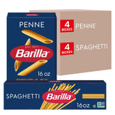 Barilla frente del paquete mostrando penne y spaghetti y conveniencia