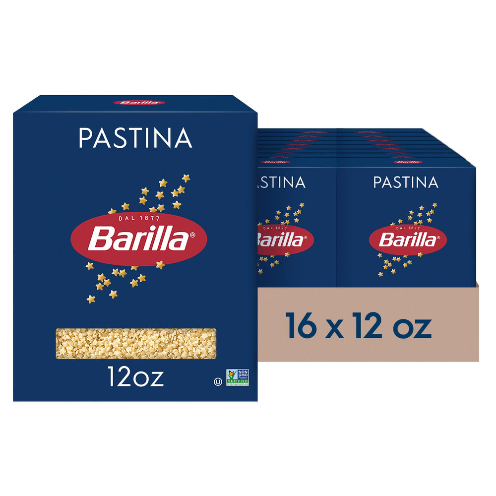 Barilla pastina frontal de la caja mostrando marca y tamaño práctico