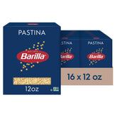 Barilla pastina frontal de la caja mostrando marca y tamaño práctico