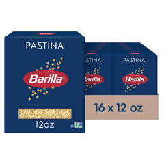 Barilla pastina frontal de la caja mostrando marca y tamaño práctico