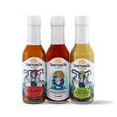 Barnacle Foods pack frente mostrando las tres botellas y diseño atractivo