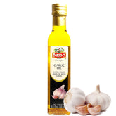 Basso botella frontal mostrando aceite de ajo, conserva sabor premium