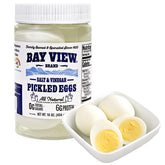BAY VIEW BRAND frasco frente mostrando huevos encurtidos y beneficio de conveniencia