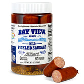 BAY VIEW BRAND empaque frontal mostrando salchicha ahumada listo para consumir