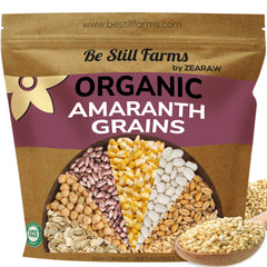 Be Still Farms bolsa frontal de amaranto orgánico mostrando el tamaño y empaque