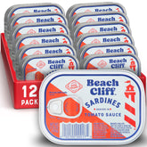 Beach Cliff lata frontal mostrando sardinas en salsa, conveniencia lista para comer