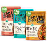 BeanVivo frente del empaque mostrando los tres sabores y beneficio de conveniencia