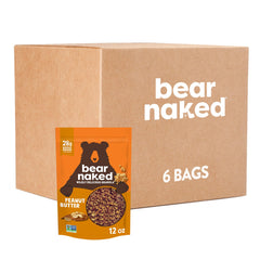 Bear Naked vista frontal del paquete mostrando sabor mantequilla de cacahuate y tamaño