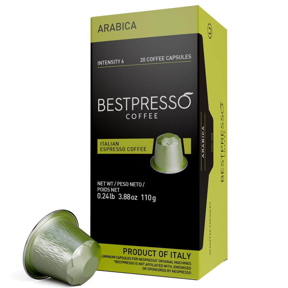 Bestpresso vista frontal del paquete con 6 cajas, conveniencia y cantidad