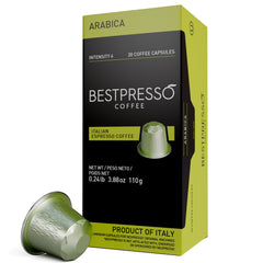 Bestpresso vista frontal del paquete con 6 cajas, conveniencia y cantidad