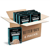 Better Oats frente del empaque mostrando pack de seis cajas y ventaja de stock