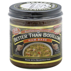 Better Than Bouillon tarro frente mostrando etiqueta y sabor de jamón, intensifica platos