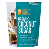 BetterBody Foods paquete frontal de azúcar de coco orgánica demuestra calidad y tamaño