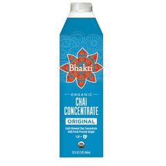 Bhakti Chai concentrado orgánico botella al frente con etiqueta clara y atractivo