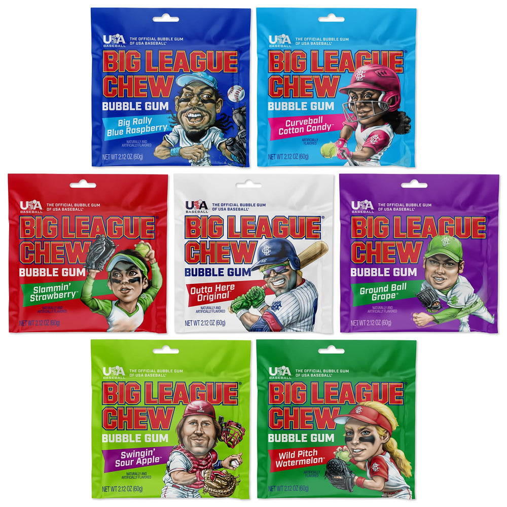 Big League Chew frente del pack mostrando los siete sabores y facilidad para compartir