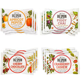 Big Spoon Roasters caja surtida frontal mostrando cuatro sabores y beneficios artesanales