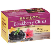 Bigelow caja frontal con sabor mora cítrica mostrando diseño y cantidad