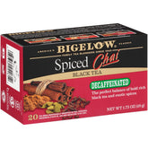 Bigelow chai descafeinado paquete frontal, presentación clara y beneficios de sabor