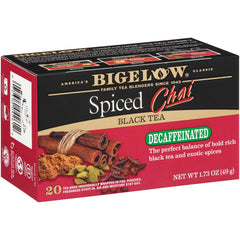 Bigelow chai descafeinado paquete frontal, presentación clara y beneficios de sabor
