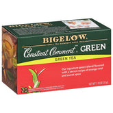 Bigelow Constant Comment Green Tea frente del paquete mostrando cantidad y diseño