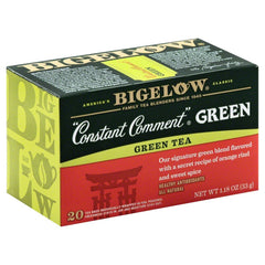Bigelow Constant Comment vista frontal del paquete, aroma cítrico y práctico en bolsitas