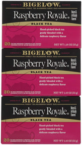 Bigelow Raspberry Royale empaque frontal mostrando caja y cantidad, práctico y atractivo