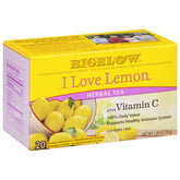 Bigelow I Love Lemon vista frontal de la caja mostrando el diseño cítrico y beneficios