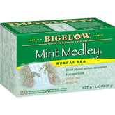 Bigelow Tea empaque Mint Medley frontal mostrando diseño y cantidad de bolsitas