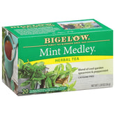 Bigelow Tea caja Mint Medley frente mostrando 20 bolsas por caja y diseño claro