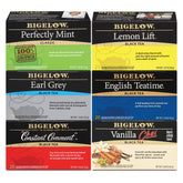 Bigelow Tea empaque frontal mostrando seis sabores y frescura