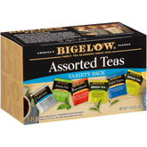 Bigelow Tea frente del empaque mostrando variedades surtidas y conveniencia