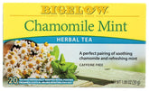 Bigelow Tea vista frontal de la caja que destaca manzanilla y menta, atractivo visual