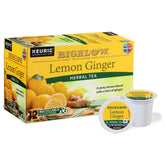Bigelow Tea empaque frontal mostrando el sabor limón jengibre y conveniencia K-Cup